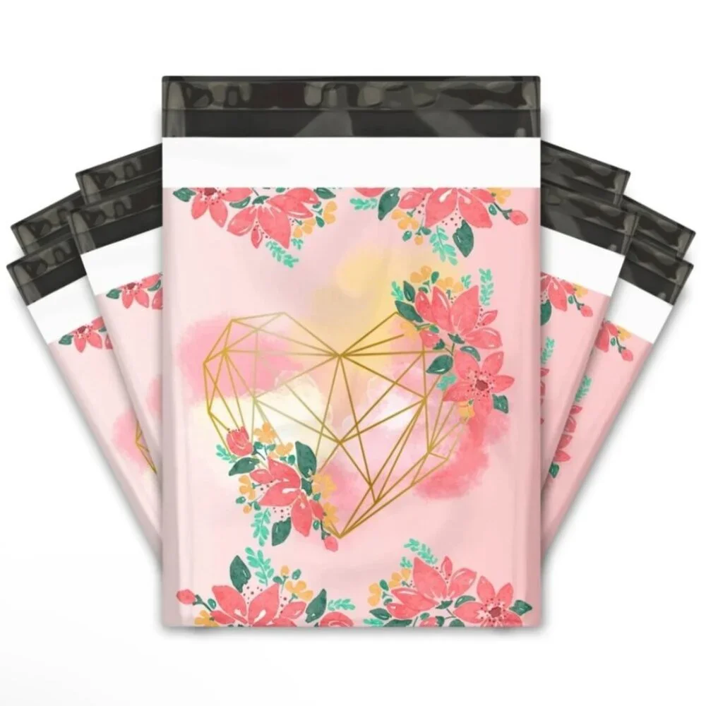10 Floral Heart Poly Mailers - Pink and Gold NEW